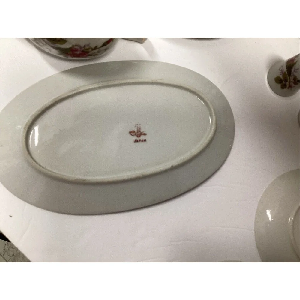 1950s vtg child tea set moss rose 28 pcs miniature bone china Japan crane